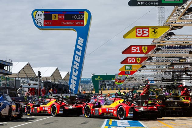 24 HEURES DU MANS 2026 - FREE PRACTICE AND QUALIFIYING SESSION 51 PIER GUIDI Alessandro (ita), CALADO James (gbr), GIOVINAZZI Antonio (ita), Ferrari AF Corse, Ferrari 499P 51, Hypercar, 50 FUOCO Antonio (ita), NIELSEN Nicklas (dnk), MOLINA Miguel (spa), Ferrari AF Corse, Ferrari 499P 50, Hypercar, pitstop, arrêt aux stands, during the Free Practice and Qualifying session of the 24 Hours of Le Mans 2026, 3rd round of the 2026 FIA World Endurance Championship, from June 10 to 11, 2026 on the Circuit des 24 Heures du Mans in Le Mans, France - Le MansFrance Copyright: xFREDERICxLExFLOCxHx