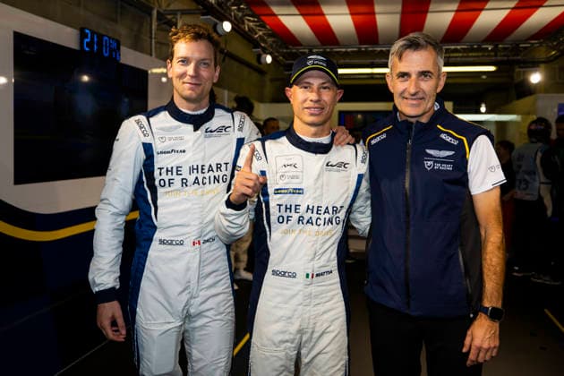 24 HEURES DU MANS 2026 - FREE PRACTICE AND QUALIFIYING SESSION 27 JAMES Ian (usa), ROBICHON Zacharie (can), DRUDI Mattia (ita), Heart of Racing Team, Aston Martin Vantage AMR LMGT3 27, LM GT3, celebrates their pole position in M GT3 during the Free Practice and Qualifying session of the 24 Hours of Le Mans 2026, 3rd round of the 2026 FIA World Endurance Championship, from June 10 to 11, 2026 on the Circuit des 24 Heures du Mans in Le Mans, France - Le MansFrance Copyright: xJULIENxDELFOSSEx