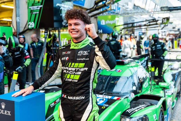 24 HEURES DU MANS 2026 - FREE PRACTICE AND QUALIFIYING SESSION MASSON Esteban (fra), Forestier Racing by Panis, Oreca 07 Gibson 29, LMP2, portrait, pole position, celebration, during the Free Practice and Qualifying session of the 24 Hours of Le Mans 2026, 3rd round of the 2026 FIA World Endurance Championship, from June 10 to 11, 2026 on the Circuit des 24 Heures du Mans in Le Mans, France - Copyright: xAndreaxLorenzinax