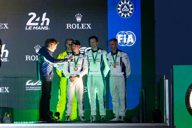 24 HEURES DU MANS 2026 - FREE PRACTICE AND QUALIFIYING SESSION 27 JAMES Ian (usa), ROBICHON Zacharie (can), DRUDI Mattia (ita), Heart of Racing Team, Aston Martin Vantage AMR LMGT3 27, LM GT3, podium during the Free Practice and Qualifying session of the 24 Hours of Le Mans 2026, 3rd round of the 2026 FIA World Endurance Championship, from June 10 to 11, 2026 on the Circuit des 24 Heures du Mans in Le Mans, France - Le MansFrance Copyright: xFabrizioxBoldonix