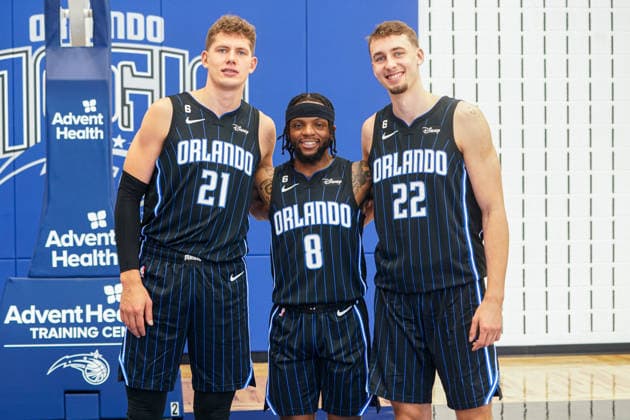 Orlando Magic Media Day 2021, Orlando, Florida, USA Orlando, Florida, USA, September 26, 2022, (left to right) Moritz Wagner 21, Zavier Simpson 8, and Franz Wagner 22 during the 2022 Orlando Magic Media Day at the Advent Health Training Center. Copyright: xMartyxJean-Louisx