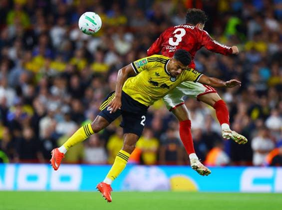 Neco Williams of Nottingham Forest and James Justin of Leeds United Nottingham Forest v Leeds United, EFL Carabao Cup, Second Round, Football, City Ground, Nottingham, UK - 25 Aug 2026Nottingham City Ground United Kingdom EDITORIAL USE ONLY No use with unauthorised audio, video, data, fixture lists, club league logos or live services. Online in-match use limited to 120 images, no video emulation. No use in betting, games or single club league player publications. Copyright: xMattxWest Shutterstockx 17115032aw