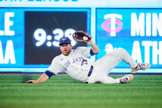 August 25, 2026, Toronto, On, Canada: Toronto Blue Jays outfielder Myles Straw (3) makes the catch during fifth inning MLB, Baseball Herren, USA baseball action against the Kansas City Royals in Toronto, on Tuesday, Aug. 25, 2026. Canada News - August 25, 2026 - ZUMAc35_ 20260825_zaf_c35_118 Copyright: xSammyxKoganx