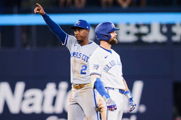August 25, 2026, Toronto, On, Canada: Kansas City Royals second baseman Tyler Tolbert (2) celebrates his team s win as Toronto Blue Jays Nathan Lukes (38) is called out at second base to end the game during ninth inning MLB, Baseball Herren, USA baseball action in Toronto, on Tuesday, Aug. 25, 2026. Canada News - August 25, 2026 - ZUMAc35_ 20260825_zaf_c35_127 Copyright: xSammyxKoganx