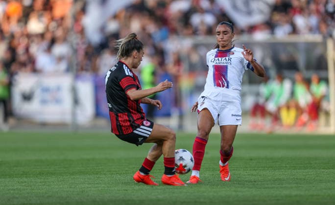 GER, Frankfurt, Eintracht Frankfurt vs Paris Saint-Germain, UEFA Womens Champions League, Fussball, UEFA, Spielzeit 2026 2027, Stadion am Brentanobad, 3. Quali-Runde, Hinspiel im Bild v.l.: Ereleta Memeti (Eintracht Frankfurt Frauen 7), Sakina Karchaoui (Paris Saint-Germain Frauen 7) DFB DFL REGULATIONS PROHIBIT ANY USE OF PHOTOGRAPHS AS IMAGE SEQUENCES AND OR QUASI-VIDEO, 26.08.2026 Copyright: HMBxMedia HendrikxHamelau