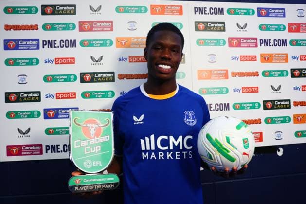 Thierno Barry of Everton with this Carabao Cup Player of the Match Trophy and match ball Preston North End v Everton, EFL Carabao Cup, Second Round, Football, Deepdale, Preston, UK - 26 Aug 2026Preston Deepdale United Kingdom EDITORIAL USE ONLY No use with unauthorised audio, video, data, fixture lists, club league logos or live services. Online in-match use limited to 120 images, no video emulation. No use in betting, games or single club league player publications. Copyright: xPaulxCurrie Shutterstockx 17115055bw