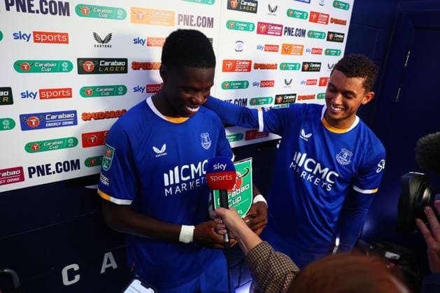 Thierno Barry of Everton and Brennan Johnson are interviewed by Sky Sports at the end of the match Preston North End v Everton, EFL Carabao Cup, Second Round, Football, Deepdale, Preston, UK - 26 Aug 2026Preston Deepdale United Kingdom EDITORIAL USE ONLY No use with unauthorised audio, video, data, fixture lists, club league logos or live services. Online in-match use limited to 120 images, no video emulation. No use in betting, games or single club league player publications. Copyright: xPaulxCurrie Shutterstockx 17115055ca