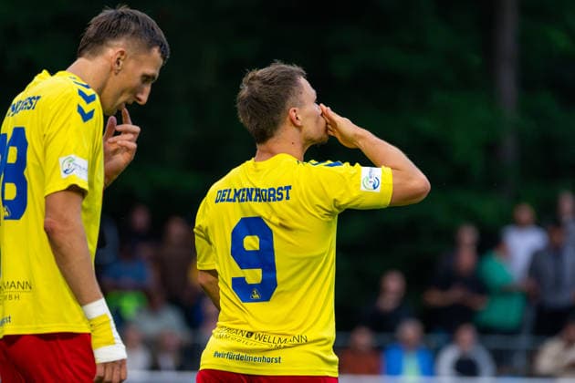 Tor zum 1:0 durch Tobias Fagerström (SV Atlas Delmenhorst, 9) Torjubel, Freude, Emotionen, Deutschland: Fussball, Regionalliga Nord, Saison 2026 27, 5. Spieltag, 26.08.2026, SV Atlas Delmenhorst vs BSV Kickers Emden, Stadion an der Düsternortstraße (Delmenhorst, Niedersachsen) Copyright: xLeonxFrickx