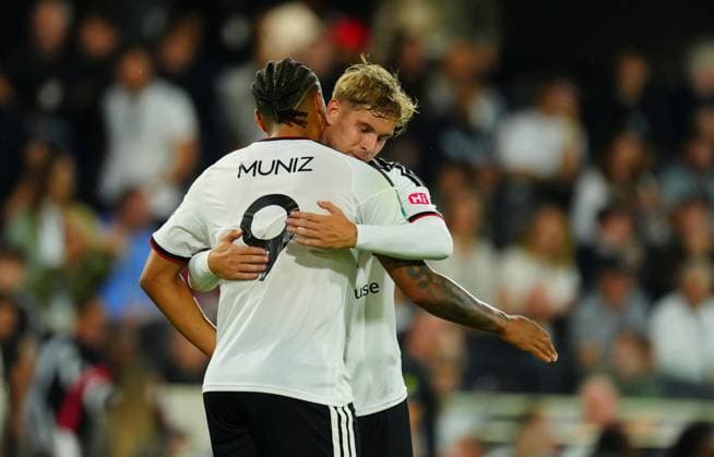 Rodrigo Muniz of Fulham celebrates scoring a goal after making it 2-0 with fellow scorer Emile Smith Rowe Fulham v AFC Wimbledon, EFL Carabao Cup, Second Round, Football, Craven Cottage, London, UK - 27 Aug 2026London Craven Cottage United Kingdom EDITORIAL USE ONLY No use with unauthorised audio, video, data, fixture lists, club league logos or live services. Online in-match use limited to 120 images, no video emulation. No use in betting, games or single club league player publications. Copyright: xJavierxGarcia Shutterstockx 17118946ao