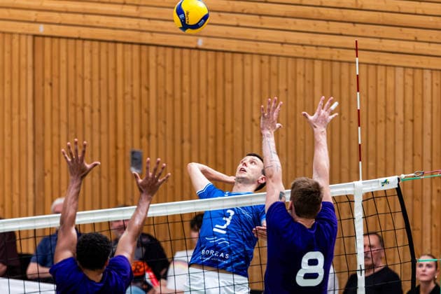 27.08.2026, GER, Volleyball, Maenner, Saison 26 27, 2.Bl Sued 1.Bl, Testspiel, Blue Volleys Gotha - Cerebricks Volley Goats Mitteldeutschland Rico Wardlow (cerebricks Volley Goats Mitteldeutschland), Christoph Assmann (Blue Volleys Gotha,3), Jacob Harris (cerebricks Volley Goats Mitteldeutschland) 99867 Gotha Sporthalle Sportanlage Ernesti Thüringen Deutschland