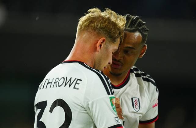 Rodrigo Muniz of Fulham congratulates Emile Smith Rowe after he scored the opening goal Fulham v AFC Wimbledon, EFL Carabao Cup, Second Round, Football, Craven Cottage, London, UK - 27 Aug 2026London Craven Cottage United Kingdom EDITORIAL USE ONLY No use with unauthorised audio, video, data, fixture lists, club league logos or live services. Online in-match use limited to 120 images, no video emulation. No use in betting, games or single club league player publications. Copyright: xJavierxGarcia Shutterstockx 17118946bl