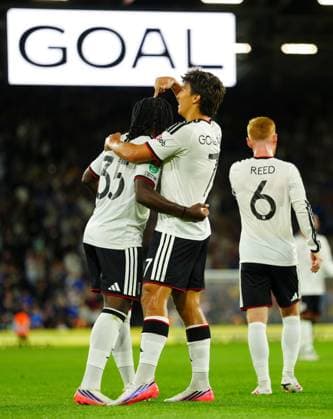 Gonzalo Garcia of Fulham celebrates scoring a goal after making it 3-0 with Macaulay Zepa Fulham v AFC Wimbledon, EFL Carabao Cup, Second Round, Football, Craven Cottage, London, UK - 27 Aug 2026London Craven Cottage United Kingdom EDITORIAL USE ONLY No use with unauthorised audio, video, data, fixture lists, club league logos or live services. Online in-match use limited to 120 images, no video emulation. No use in betting, games or single club league player publications. Copyright: xJavierxGarcia Shutterstockx 17118946cw