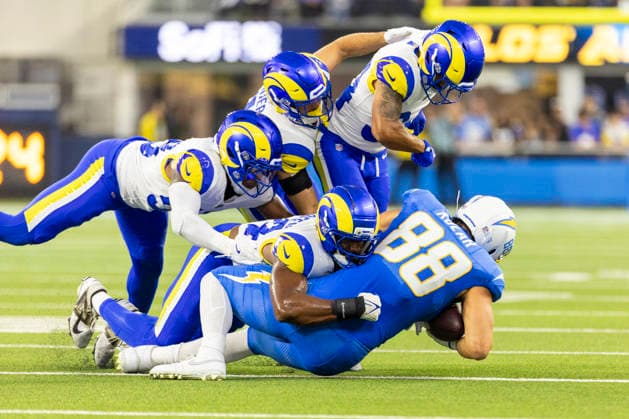 August 27, 2026, Inglewood, California, USA: Los Angeles Rams Wide Receiver Jordan Whittington (88) is brought down by Los Angeles Chargers during an NFL, American Football Herren, USA football preseason game, in Inglewood, Calif. on Thursday August 27, 2026. NHL, Eishockey Herren, USA 2026: LA Chargers Vs LA Rams - ZUMAc68_ 20260827_zaf_c68_001 Copyright: xRingoxChiux