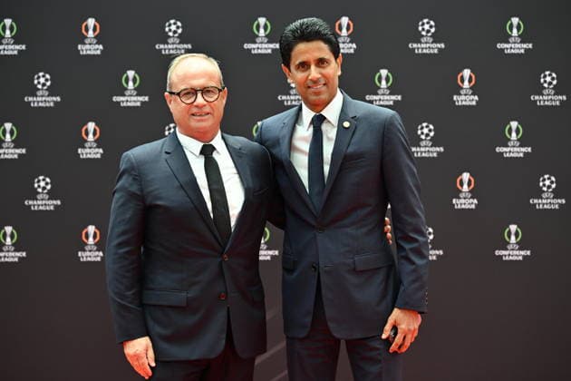 UEFA Champions League 2026 27 league phase draw in Monaco MONACO - AUGUST 27: Paris Saint Germain s Qatari president Nasser al-Khelaifi (R) poses prior to the draw ceremony for the league phase of the 2026-2027 UEFA Champions League football tournament at the Grimaldi Forum in Monaco on August 27, 2026. Mustafa Yalcin Anadolu Monaco Monaco. Editorial use only. Please get in touch for any other usage. Copyright: x2026xAnadoluxMustafaxYalcinx