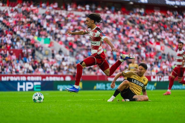 Anas Slimani (Fortuna Düsseldorf, 34) springt ueber ein tackling von Nicolas Sessa (VFB Stuttagrt II, 10) Fortuna Duesseldorf vs. VFB Stuttgart II, Fussball, 3.Liga, 03.Spieltag, Saison 2026 27, 28.08.2026, DFL REGULATIONS PROHIBIT ANY USE OF PHOTOGRAPHS AS IMAGE SEQUENCES AND OR QUASI-VIDEO, Fortuna Duesseldorf vs. VFB Stuttgart II, Fussball, 3.Liga, 3.Spieltag, Saison 2026 27, 28.08.2026 Düsseldorf Copyright: xEibner-Pressefoto LukasxBaldygax EP_LBA