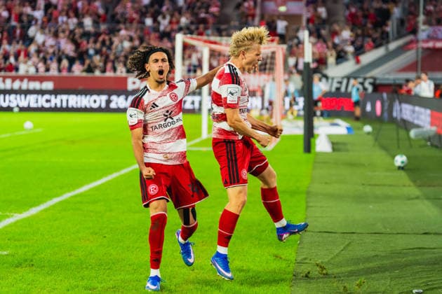 Anas Slimani (Fortuna Düsseldorf, 34) und Andreas Mueller (Fortuna Düsseldorf, 06) Torschuetze feiern das 1:0 fuer Fortuna Duesseldorf Fortuna Duesseldorf vs. VFB Stuttgart II, Fussball, 3.Liga, 03.Spieltag, Saison 2026 27, 28.08.2026, DFL REGULATIONS PROHIBIT ANY USE OF PHOTOGRAPHS AS IMAGE SEQUENCES AND OR QUASI-VIDEO, Fortuna Duesseldorf vs. VFB Stuttgart II, Fussball, 3.Liga, 3.Spieltag, Saison 2026 27, 28.08.2026 Düsseldorf Copyright: xEibner-Pressefoto LukasxBaldygax EP_LBA