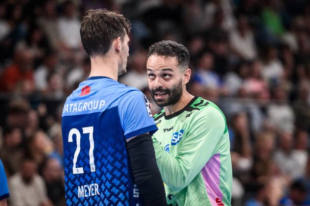 Mohamed Essam Moustafa El-Tayar (TVB Stuttgart, 12) mit Philipp Meyer (TVB Stuttgart, 27) GER, TVB Stuttgart - Bergischer HC, Opel HBL, Handball, Bundesliga, 1. Spieltag, Spielzeit 2026 2027, 28.08.2026 GER, TVB Stuttgart - Bergischer HC, Opel HBL, Handball, Bundesliga, 1. Spieltag, Spielzeit 2026 2027, 28.08.2026 Stuttgart Copyright: xSandyxDinkelackerx EP_SDR