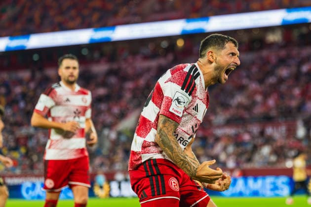 Ersatzkapitaen Matthias Zimmermann (Fortuna Düsseldorf, 25) schreit die Wut und Freude raus rRchtung Fans Fortuna Duesseldorf vs. VFB Stuttgart II, Fussball, 3.Liga, 03.Spieltag, Saison 2026 27, 28.08.2026, DFL REGULATIONS PROHIBIT ANY USE OF PHOTOGRAPHS AS IMAGE SEQUENCES AND OR QUASI-VIDEO, Fortuna Duesseldorf vs. VFB Stuttgart II, Fussball, 3.Liga, 3.Spieltag, Saison 2026 27, 28.08.2026 Düsseldorf Copyright: xEibner-Pressefoto LukasxBaldygax EP_LBA