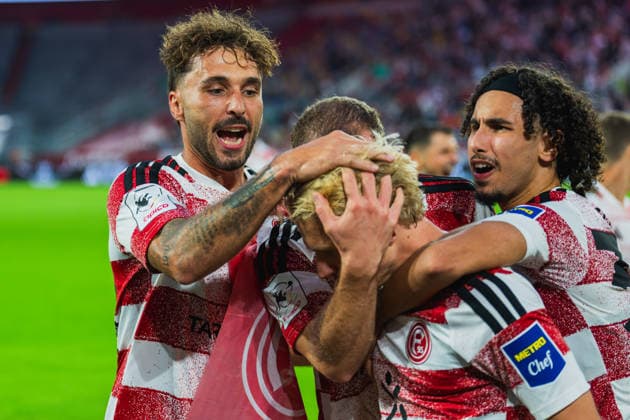 Fabian Schleusener (Fortuna Düsseldorf, 24) Eric Hottmann (Fortuna Düsseldorf, 09) und Anas Slimani (Fortuna Düsseldorf, 34) feiern Torschuetze Andreas Mueller (Fortuna Düsseldorf, 06) Fortuna Duesseldorf vs. VFB Stuttgart II, Fussball, 3.Liga, 03.Spieltag, Saison 2026 27, 28.08.2026, DFL REGULATIONS PROHIBIT ANY USE OF PHOTOGRAPHS AS IMAGE SEQUENCES AND OR QUASI-VIDEO, Fortuna Duesseldorf vs. VFB Stuttgart II, Fussball, 3.Liga, 3.Spieltag, Saison 2026 27, 28.08.2026 Düsseldorf Copyright: xEibner-Pressefoto LukasxBaldygax EP_LBA