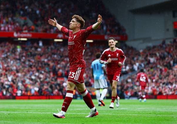 Victor Munoz of Liverpool celebrates scoring a goal to make it 2-2 Liverpool v Nottingham Forest, Premier League Football, Football, Anfield, Liverpool, UK - 29 Aug 2026Liverpool Anfield United Kingdom EDITORIAL USE ONLY No use with unauthorised audio, video, data, fixture lists, club league logos or live services. Online in-match use limited to 120 images, no video emulation. No use in betting, games or single club league player publications. Copyright: xMattxWest Shutterstockx 17118964ad
