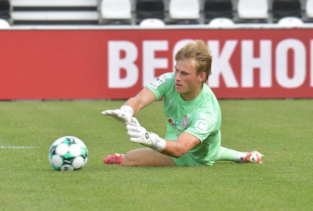 29.08.2026, GER, Fussball, 3.Liga, Saison 2026 2027, 03. Spieltag, Sportclub-Arena, Verl SC Verl - Fortuna Köln 1 : 2 Lennart Winkler (Fortuna Köln), Aktion, Einzelbild, Quer, Torwart, Torhüter, Keeper