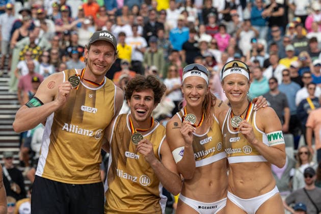 RECORD DATE NOT STATED German Beach Championship - Deutsche Beachvolleyball Meisterschaft Dortmund, Germany 30.08.2026 DORTMUND, GERMANY - AUGUST 30: Deutsche Meister: Nils Ehlers (Player 1, ETV Hamburg), Lui Wüst (Player 2, Eintracht Spontent), Sandra Ittlinger (Player 1, Eintracht Spontent e.V.), Kim van de Velde (Player 2, Blaubären TSV Flacht) during the German Beach Championship - Deutsche Beachvolleyball Meisterschaft at Dortmund on August 30, 2026 in Dortmund, Germany. Copyright: xBEAUTIFULxSPORTS PeterxWeberx