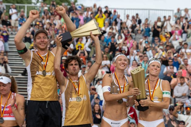 RECORD DATE NOT STATED German Beach Championship - Deutsche Beachvolleyball Meisterschaft Dortmund, Germany 30.08.2026 DORTMUND, GERMANY - AUGUST 30: Deutsche Meister: Nils Ehlers (Player 1, ETV Hamburg), Lui Wüst (Player 2, Eintracht Spontent), Sandra Ittlinger (Player 1, Eintracht Spontent e.V.), Kim van de Velde (Player 2, Blaubären TSV Flacht) during the German Beach Championship - Deutsche Beachvolleyball Meisterschaft at Dortmund on August 30, 2026 in Dortmund, Germany. Copyright: xBEAUTIFULxSPORTS PeterxWeberx