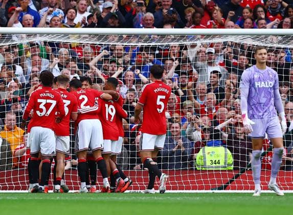 Bruno Fernandes of Manchester United, ManU celebrates scoring a goal from the penalty spot to make it 3-1 with their team-mates Manchester United v Ipswich Town, Premier League Football, Football, Old Trafford, Manchester, UK - 30 Aug 2026Manchester Old Trafford United Kingdom EDITORIAL USE ONLY No use with unauthorised audio, video, data, fixture lists, club league logos or live services. Online in-match use limited to 120 images, no video emulation. No use in betting, games or single club league player publications. Copyright: xMattxWest Shutterstockx 17119118ay