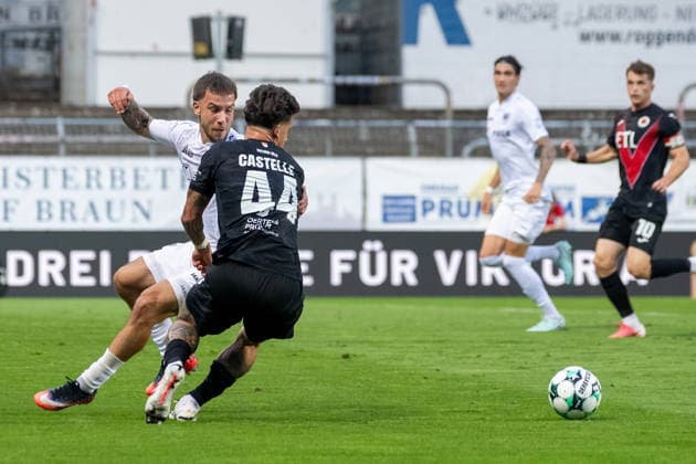Zweikampf zwischen Louis Kolbe (SC Preussen Muenster, 02) und Niklas Castelle (Viktoria Koeln, 44). FC Viktoria Koeln vs. SC Preussen Muenster, Fussball, 3. Liga, 03. Spieltag, Saison 2026 2027, 30.08.2026 DFL DFB Regulations prohibit any use of Photographs as image sequences and or Quasivideo FC Viktoria Koeln vs. SC Preussen Muenster, Fussball, 3. Liga, 03. Spieltag, Saison 2026 2027, 30.08.2026 Koeln Copyright: xEibner-Pressefoto ThomasxHaeslerx EP_THR