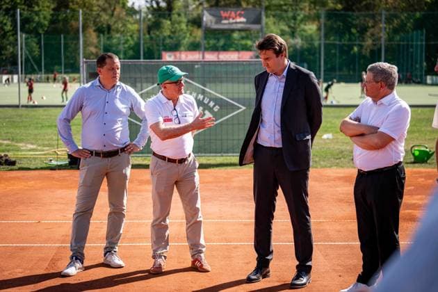 TENNIS - Davis Cup, AUT vs BEL VIENNA,AUSTRIA,31.AUG.26 - TENNIS - ITF Davis Cup, qualification round 2, Austria vs Belgium, preview, press conference, PK, Pressekonferenz OETV. Image shows Johannes Schreiner, managing director Thomas Schweda (OETV), president Martin Kirnbauer (WAC) and politician Christian Deutsch. GEPAxpictures xKevinxHackner