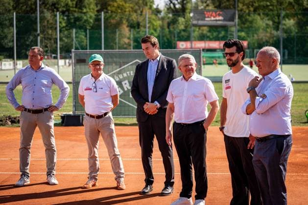 TENNIS - Davis Cup, AUT vs BEL VIENNA,AUSTRIA,31.AUG.26 - TENNIS - ITF Davis Cup, qualification round 2, Austria vs Belgium, preview, press conference, PK, Pressekonferenz OETV. Image shows Johannes Schreiner, managing director Thomas Schweda (OETV), president Martin Kirnbauer (WAC) politician Christian Deutsch, sporting director Juergen Melzer and president Richard Grasl (OETV). GEPAxpictures xKevinxHackner