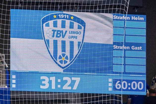 Der Endstand von 31:27 wird auf einer Anzeigetafel angezeigt GER, TBV Lemgo Lippe vs. HSG Wetzlar, Handball, 1. Bundesliga, 2. Spieltag, Spielzeit 2026 2027, 03.09.2026 GER, TBV Lemgo Lippe vs. HSG Wetzlar, Handball, 1. Bundesliga, 2. Spieltag, Spielzeit 2026 2027, 03.09.2026 Lemgo Copyright: xEibner-Pressefoto JanxRollingerx EP_JSK
