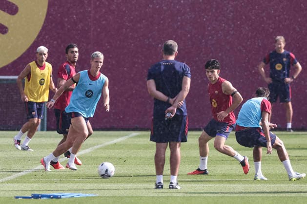 September 5, 2026, Sant Joan Despi, Barcelona, Spain: Dani Olmo and Xavi Espart during the training day of FC Barcelona, Barca ahead the Spanish League, Laliga EA Sports, football match against Valencia CF at Ciudad Esportiva Joan Gamper on September 05, 2026 in Sant Joan Despi, Barcelona, Spain. FC Barcelona Training And press conference, PK, Pressekonferenz - LaLiga EA Sports - ZUMAa181 20260905_zaa_a181_018 Copyright: xJavierxBorregox