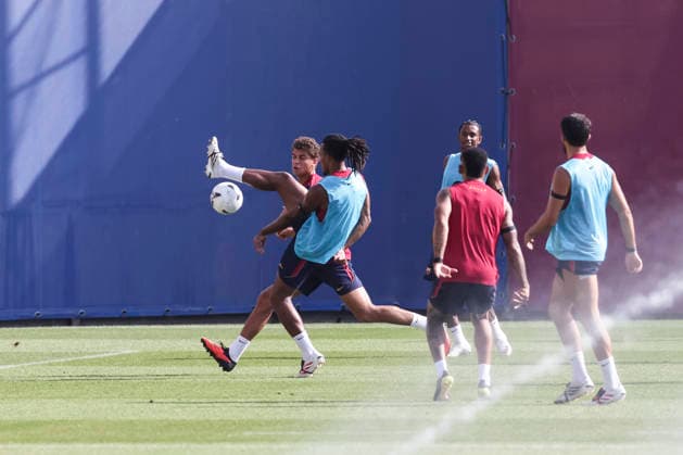 September 5, 2026, Sant Joan Despi, Barcelona, Spain: Jules Kounde and Hamza Abdelkarim during the training day of FC Barcelona, Barca ahead the Spanish League, Laliga EA Sports, football match against Valencia CF at Ciudad Esportiva Joan Gamper on September 05, 2026 in Sant Joan Despi, Barcelona, Spain. FC Barcelona Training And press conference, PK, Pressekonferenz - LaLiga EA Sports - ZUMAa181 20260905_zaa_a181_019 Copyright: xJavierxBorregox