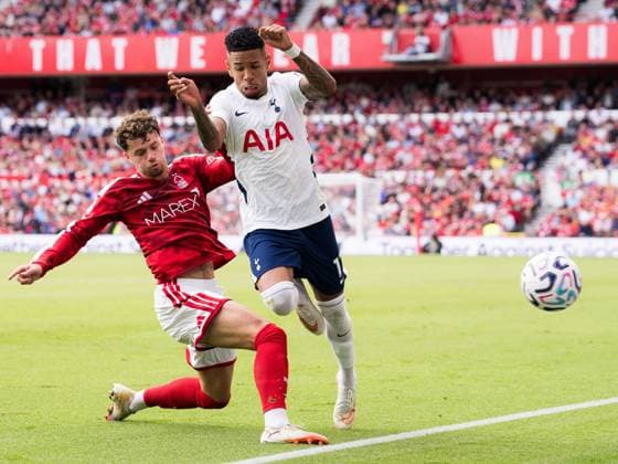 Savio of Tottenham Hotspur is challenged by Neco Williams of Nottingham Forest Nottingham Forest v Tottenham Hotspur, Premier League, Football, The City Ground, Nottingham, UK - 05 Sep 2026Nottingham The City Ground United Kingdom EDITORIAL USE ONLY No use with unauthorised audio, video, data, fixture lists, club league logos or live services. Online in-match use limited to 120 images, no video emulation. No use in betting, games or single club league player publications. Copyright: xWiredxPhotos Shutterstockx 17135903jh