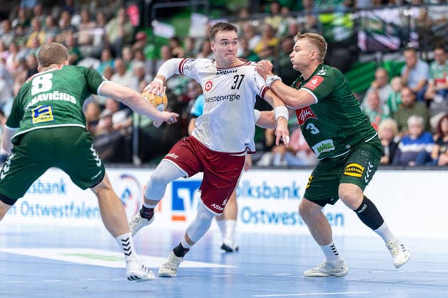 (L-R) Karolis Antanavicius (GWD Minden, 08), Max Neuhaus (TuSEM Essen, 37), Daniel Astrup Pedersen (GWD Minden, 03) GER, GWD Minden vs. TuSEM Essen, Handball, 2. Bundesliga, 2. Spieltag, Spielzeit 2026 2027, 06.09.2026 GER, GWD Minden vs. TuSEM Essen, Handball, 2. Bundesliga, 2. Spieltag, Spielzeit 2026 2027, 06.09.2026 Minden Copyright: xEibner-Pressefoto JanxRollingerx EP_JSK