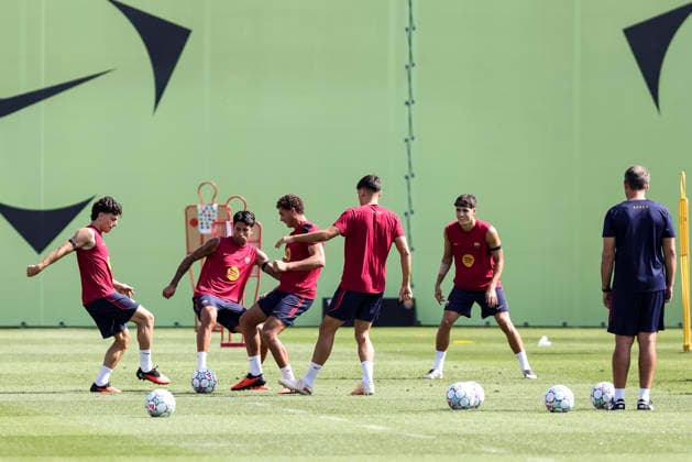 September 8, 2026, Sant Joan Despi, Barcelona, Spain: Joao Cancelo, Xavi Espart, Hamza Abdelkarim and Pau Cubarsi during the training day of FC Barcelona, Barca ahead UEFA Champions League 2026 27, football match against Feyenoord at Ciutat Esportiva Joan Gamper on September 08, 2026 in Sant Joan Despi, Barcelona, Spain. FC Barcelona Training And press conference, PK, Pressekonferenz - UEFA Champions League 2026 27 - ZUMAa181 20260908_zaa_a181_004 Copyright: xJavierxBorregox