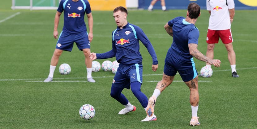 RB Leipzig - Training Champions League MD-1 Leipzig, 09.09.2026, Red Bull Akademie, Fussball, Champions League, Matchday-1, RB Leipzig , Abschlußtraining vor dem Auswärtsspiel in Como , Im Bild von links; Brajan Gruda, David Raum . , Nur zur redaktionellen Nutzung. Only editorial use. ,