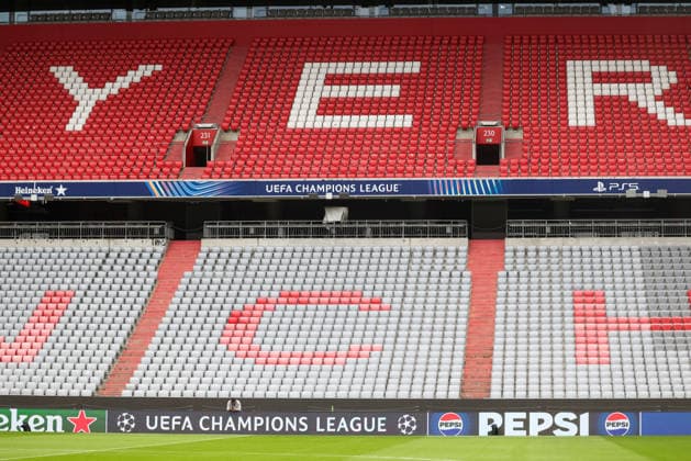 Der UEFA Champions League Schirftzug in der Allianz Arena, Themenfoto, Themenbild, Symbolfoto, Symbolbild, GER, Abschlusstraining und Pressekonferenz, FK Bodo Glimt, Fussball, UEFA Champions League, 1. Spieltag, LigaPhase, Saison 2026 2027, 09.09.2026, GER, Abschlusstraining und Pressekonferenz, FK Bodo Glimt, Fussball, UEFA Champions League, 1. Spieltag, LigaPhase, Saison 2026 2027, 09.09.2026 Muenchen Copyright: xEibner-Pressefoto JennixMaulx EP_JML