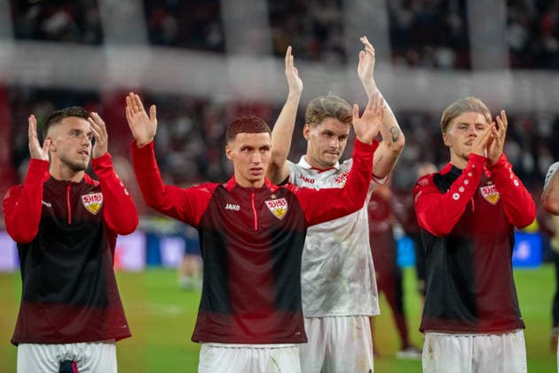Ermedin Demirovic (VfB Stuttgart, 09), Bilal El Khannouss (VfB Stuttgart, 11), Ramon Hendriks (VfB Stuttgart, 03) und Finn Jeltsch (VfB Stuttgart, 29), VfB Stuttgart vs. Viking FK, Fussball, Champions League, 1. Spieltag, 09.09.2026, DFB regulations prohibit any use of photographs as image sequences and or quasi-video Stuttgart Baden-Wuerttemberg Deutschland
