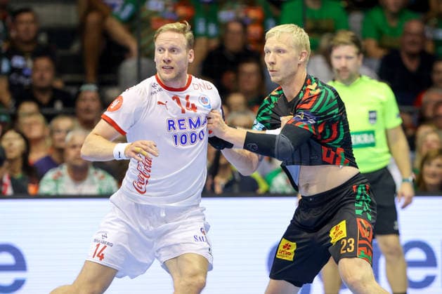 09.09.2026, xtgx, Handball Champions LegaueL, SC Magdeburg - Kolstad Handbold emspor, v.l. Magnus Gullerud (Kolstad, 14), Magnus Saugstrup (Magdeburg, 23) Zweikampf, Duell, Kampf, tackle Magdeburg