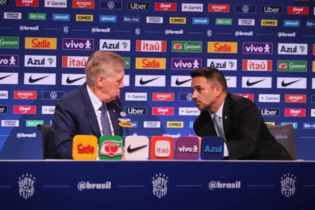 Brazilian national team, Nationalteam squad announcement for friendlies against Australia and India. Carlo Ancelotti, coach of the men s national football team, and Rodrigo Caetano, director of national teams at the Brazilian Football Confederation - CBF, during the announcement of the squad for the friendlies against Australia and India, at the headquarters of the Brazilian Football Confederation - CBF, in Barra da Tijuca, west side of the city, this Wednesday, the 9th Rio de Janeiro Tijuca Bar Rio de Janeiro Brasil Copyright: xCharlesxShollx