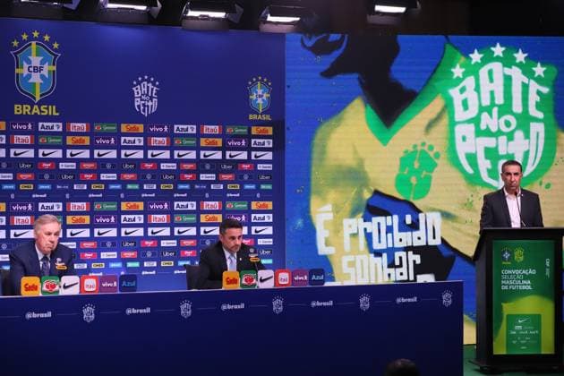 Brazilian national team, Nationalteam squad announcement for friendlies against Australia and India. Carlo Ancelotti, coach of the men s national football team, and Rodrigo Caetano, director of national teams at the Brazilian Football Confederation - CBF, during the announcement of the squad for the friendlies against Australia and India, at the headquarters of the Brazilian Football Confederation - CBF, in Barra da Tijuca, west side of the city, this Wednesday, the 9th Rio de Janeiro Tijuca Bar Rio de Janeiro Brasil Copyright: xCharlesxShollx