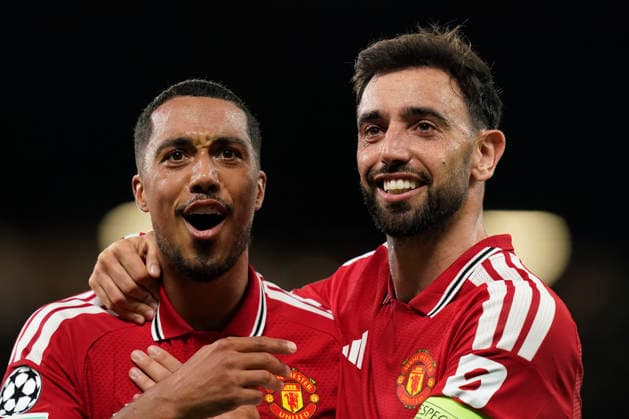 Manchester, England, 10th September 2026. Second goal scorer Bruno Fernandes of Manchester United, ManU (r) celebrates with Youri Tielemans of Manchester United (l) during the Manchester United vs Sabah UEFA Champions League match at Old Trafford, Manchester. Picture credit should read: Andrew Yates Sportimage EDITORIAL USE ONLY. No use with unauthorised audio, video, data, fixture lists, club league logos or live services. Online in-match use limited to 120 images, no video emulation. No use in betting, games or single club league player publications. SPI_036_AY_Man_Utd_Sabah SPI-4989-0036