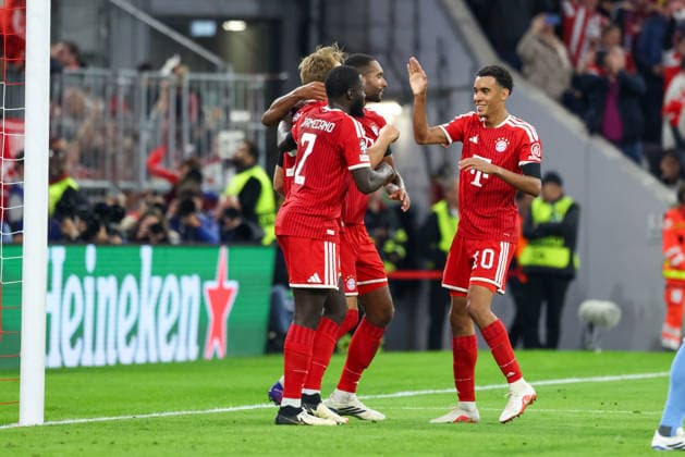 Jubel zum Tor zum 2:0 durch Harry Kane (FC Bayern Muenchen, 09), mit Jonathan Tah (FC Bayern Muenchen, 04) und Dayot Upamecano (FC Bayern Muenchen, 02), mit Jamal Musiala (FC Bayern Muenchen, 10), GER, FC Bayern Muenchen vs. FK Bodo Glimt, Fussball, UEFA Champions League, Liga-Phase, 1. Spieltag, Saison 2026 2027, 10.09.2026, GER, FC Bayern Muenchen vs. FK Bodo Glimt, Fussball, UEFA Champions League, Liga-Phase, 1. Spieltag, Saison 2026 2027, 10.09.2026 Muenchen Copyright: xEibner-Pressefoto JennixMaulx EP_JML