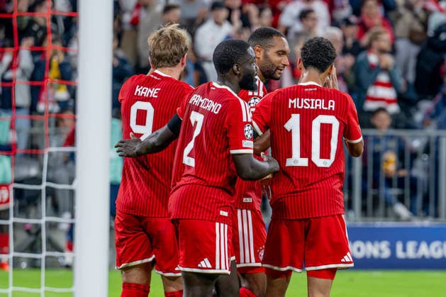 Dayot Upamecano (FC Bayern Muenchen, 02), Jonathan Tah (FC Bayern Muenchen, 04) und Jamal Musiala (FC Bayern Muenchen, 10) bejubeln mit Harry Kane (FC Bayern Muenchen, 09) dessen Tor zum 2:0 GER, FC Bayern Muenchen vs. FK Bodo Glimt, Fussball, UEFA Champions League, Ligaphase, 1. Spieltag, Spielzeit 2026 2027, 10.09.2026 (DFL DFB REGULATIONS PROHIBIT ANY USE OF PHOTOGRAPHS as IMAGE SEQUENCES and or QUASI-VIDEO). Foto: HMB Media Heike Feiner Copyright: HMBxMedia HeikexFeiner