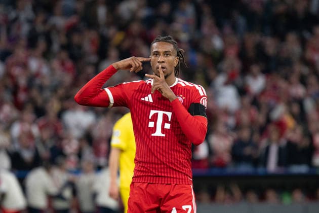 GER, Bavaria, Munich, Fussball, FC Bayern Muenchen - FK Bodo Glimt, at the Allianz Arena, Munich, Champions League, League phase, Matchday 1, September 10, 2026, from left: Michael Akpovie Olise (FC Bayern Muenchen, 17), Torjubel, Freude, Emotionen, Jubel, Feiern, Goal Scored, Celebrate, goal celebration, joy, emotions, celebration, cheering, goal scored, celebrate, im Portrait, Einzelbild, Freisteller, portrait, headshot, single image, cutout UEFA regulations prohibit any use of photographs as image sequences and or quasi-video, Copyright: HMB-Media MichaelxNibel