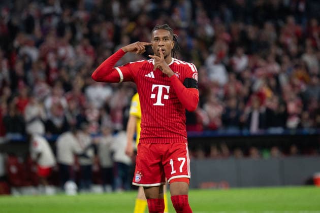 GER, Bavaria, Munich, Fussball, FC Bayern Muenchen - FK Bodo Glimt, at the Allianz Arena, Munich, Champions League, League phase, Matchday 1, September 10, 2026, from left: Michael Akpovie Olise (FC Bayern Muenchen, 17), im Portrait, Einzelbild, Freisteller, portrait, headshot, single image, cutout, Torjubel, Freude, Emotionen, Jubel, Feiern, Goal Scored, Celebrate, goal celebration, joy, emotions, celebration, cheering, goal scored, celebrate UEFA regulations prohibit any use of photographs as image sequences and or quasi-video, Copyright: HMB-Media MichaelxNibel