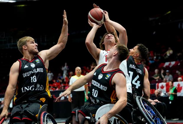 September 11, 2026, Ottawa, On, CAN: Germany s Julian Lammering (18), Alexander Keiser (30) and Aliaksandr Halouski (14) defend against Canada s Reed De Aeth (15) during second half of IWBF Wheelchair Basketball World Championships men s group stage action, in Ottawa, on Friday, Sept. 11, 2026. Canada News - September 11, 2026 - ZUMAc35_ 20260911_zaf_c35_050 Copyright: xJustinxTangx
