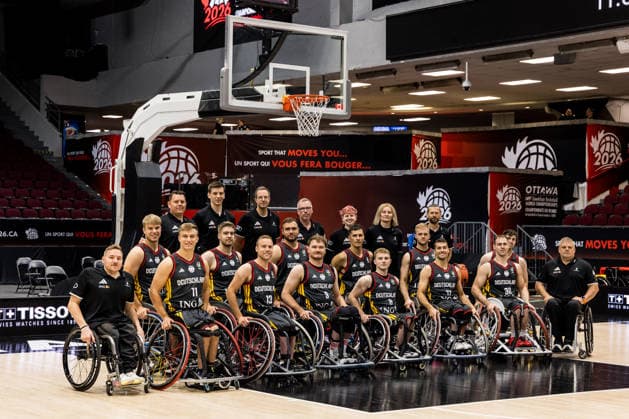 OTTAWA, CANADA - SEPTEMBER 11: Team photo of Team Germany during the Ottawa IWBF Wheelchair Basketball World Championships match between Canada vs. Germany at TD Place on matchday 3 of the Ottawa IWBF Wheelchair Basketball World Championships on September 11, 2026 in Ottawa, Canada. Back Row: Martin Kluck (Assistant Coach Germany) Middle Row: Julian Lammering (Germany, 18), Alexander Budde (Germany, 15), Matthias Guentner (Güntner, Germany, 6), Aliaksandr Halouski (Germany, 14), Jakob Kroemer (Krömer, Germany, 22), Thomas Reier (Germany, 27) Front Row: Jan Haller (Head Coach Germany), Maximilian Lammering (Germany, 11), Thomas Boehme (Böhme, Germany, 13), Lukas Glossner (Germany, 9), Tobias Hell (Germany, 8), Nico Dreimueller (Dreimüller, Germany, 17), Alexander Keiser (Germany, 30), Guenther Mayer (Assistant Coach Germany) Canada Copyright: xSteffiexWunderlx